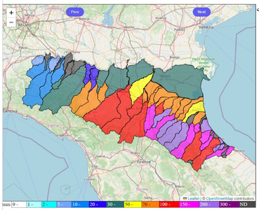 Pioggia in mm cumulata in 48 ore sui bacini dei fiumi dell’Emilia-Romagna, dalle 6 (ora locale) del 17 settembre 2024 alle ore 6 (ora locale) del 19 settembre 2024 